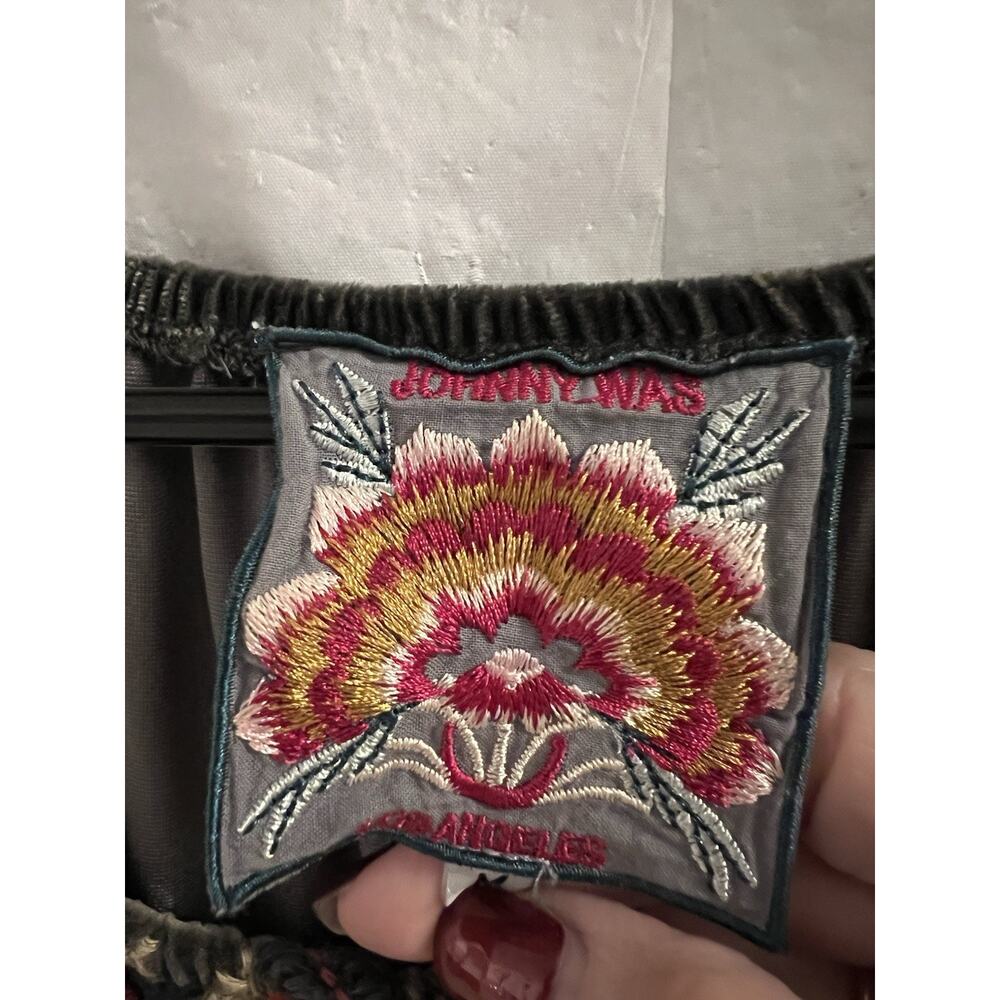Johnny Was Gray Claude Embroidered Silk Blend Velvet Blouse Sz M Boho Peasant - Picture 5 of 8